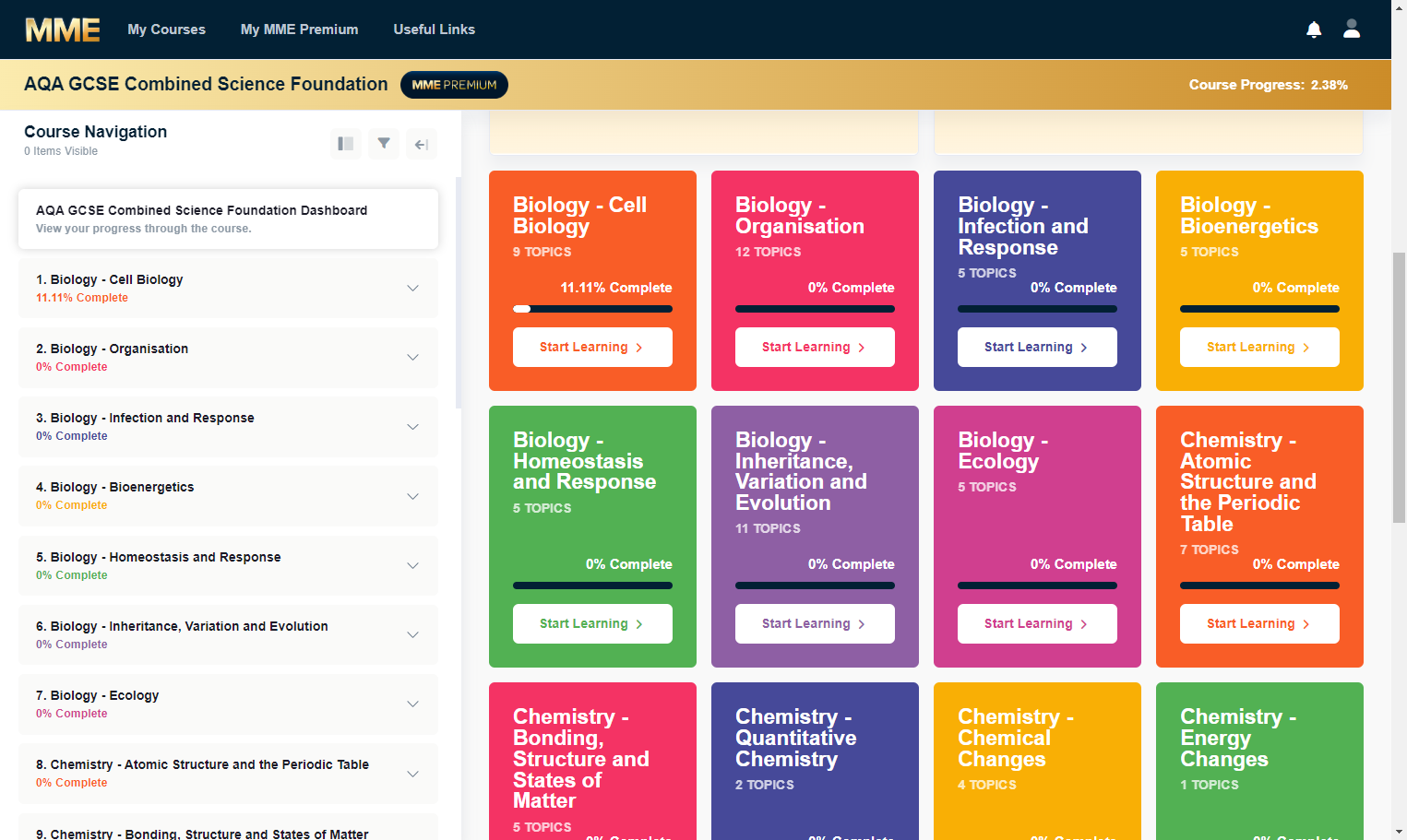 If you scroll down you can see all the different topics and subjects within the course, as well as the percentage completion of each topic.