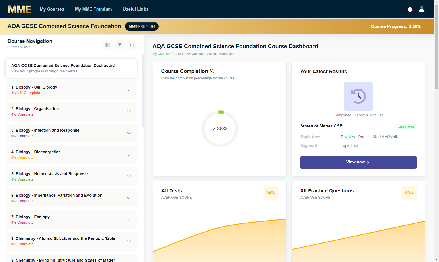 This will take you through to your course dashboard. Here you can see your course completion, latest result and test score averages.