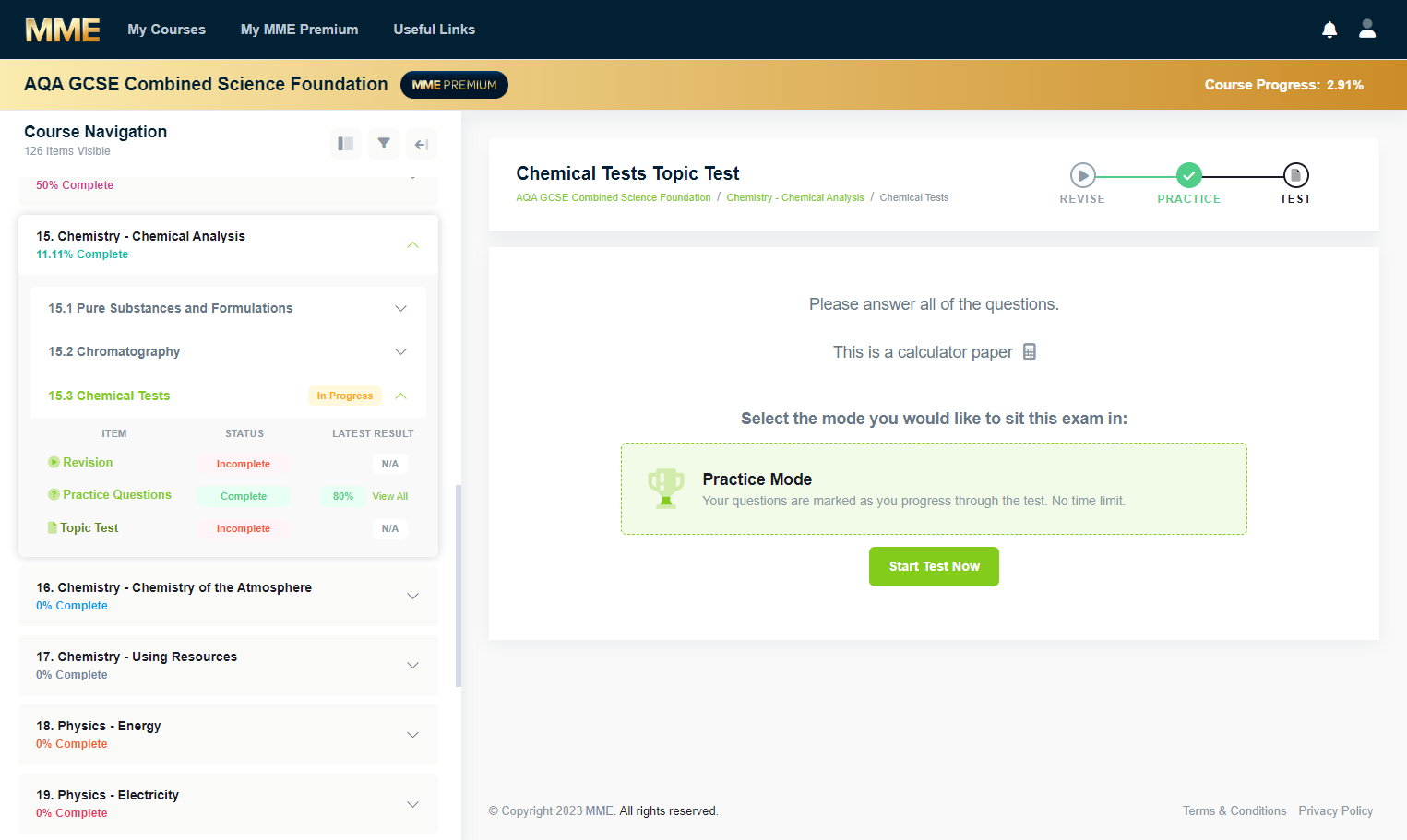 Click on Topic Test for the topic you would like.