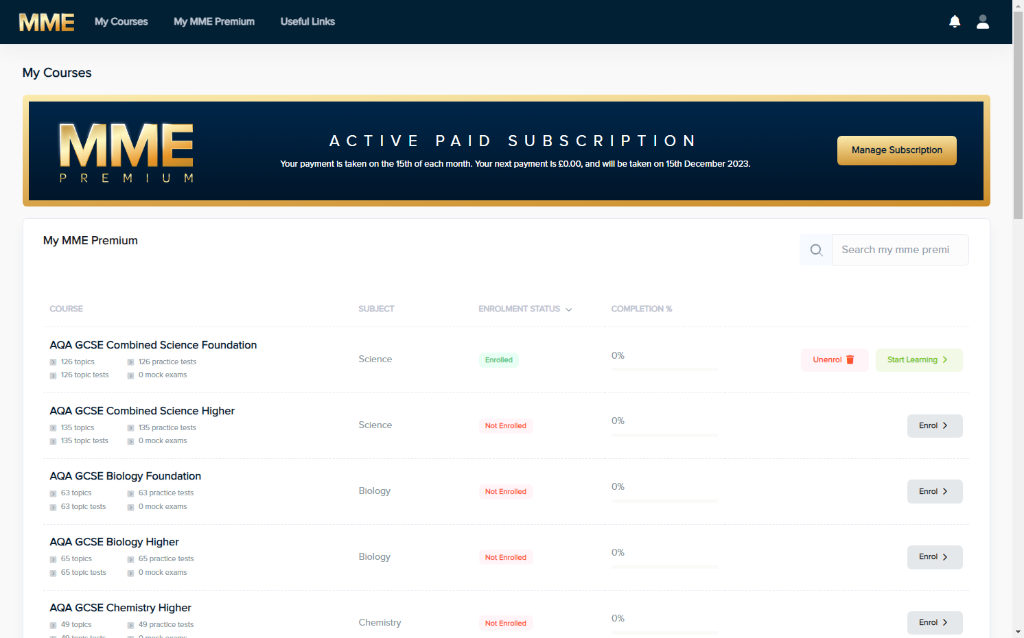 Click on Manage Subscription on the My Courses section of MME Premium. 