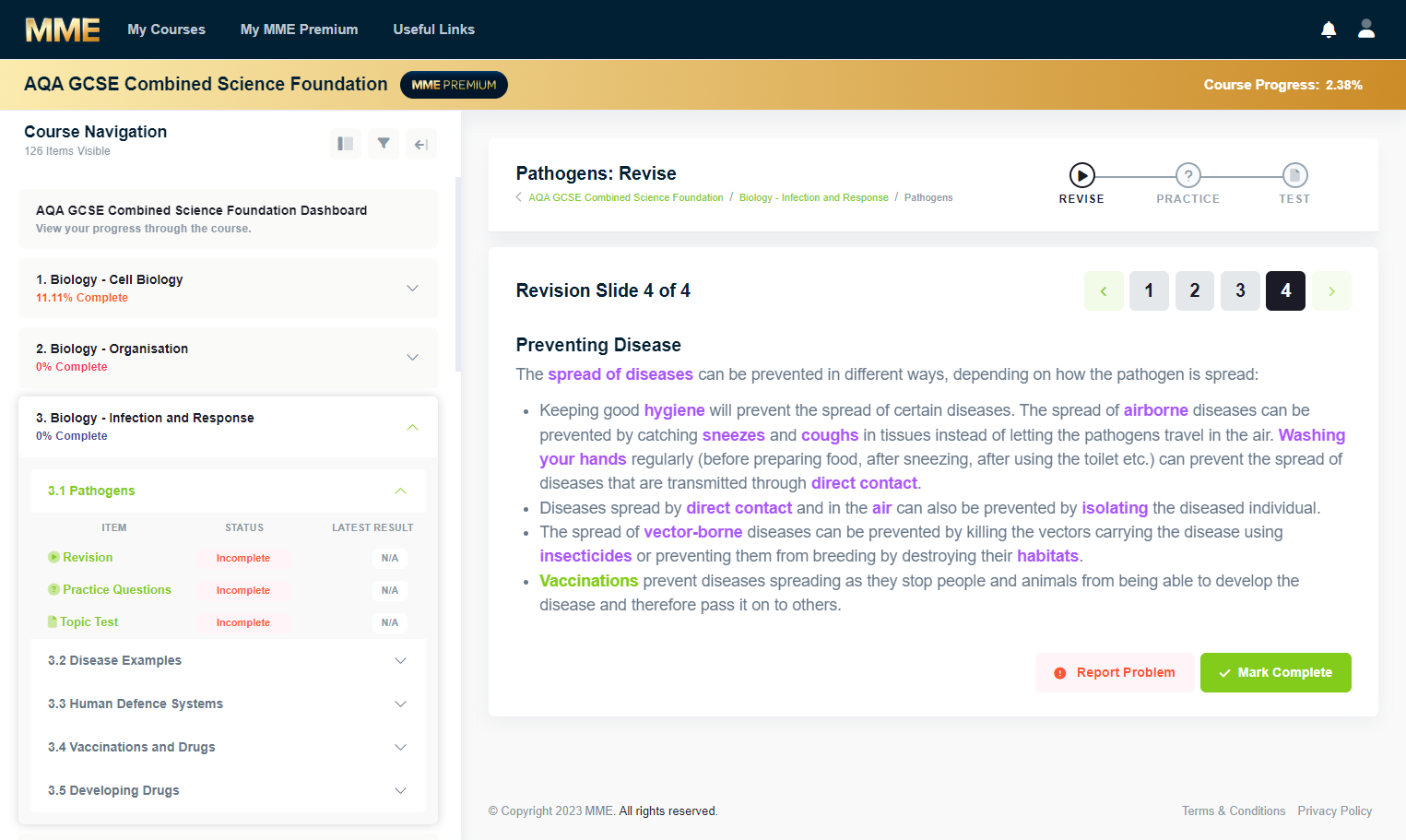 Once you have gone through all the revision slides you can click 'Mark Complete'.